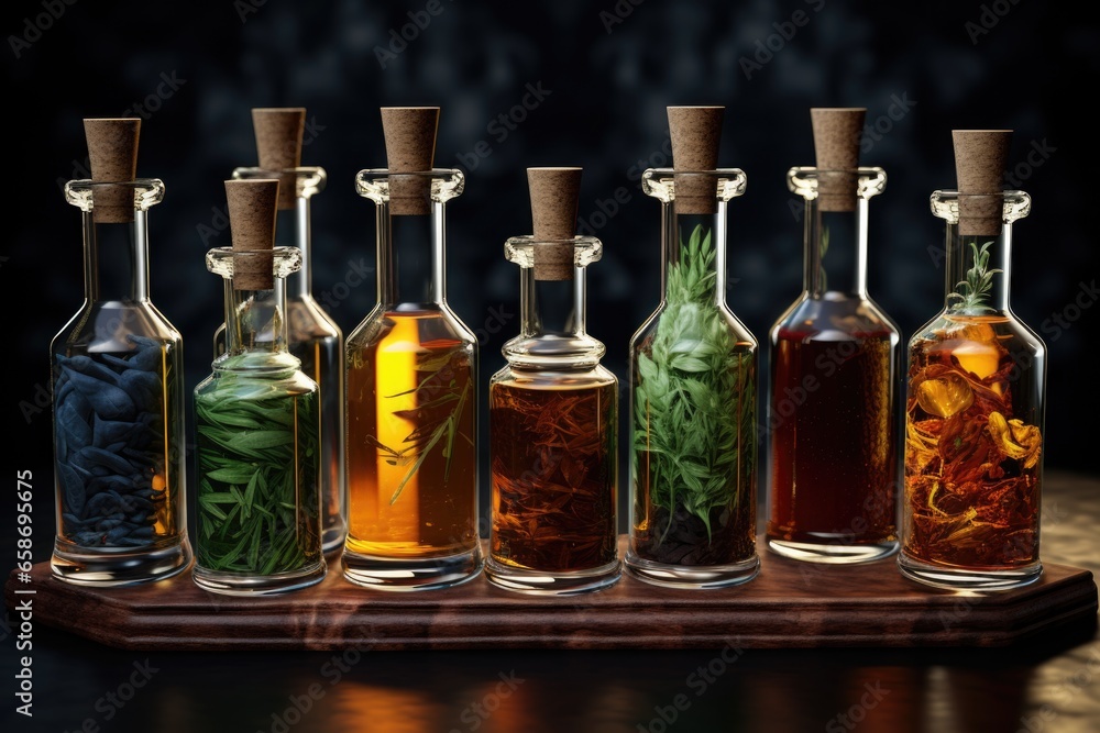 Poster A row of bottles filled with different colored liquids. This image can be used to depict a laboratory experiment, chemical research, or a variety of colorful concepts.