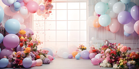 Bright room with large window decorated with balloons and flowers. Natural light. Holiday background. Copy space