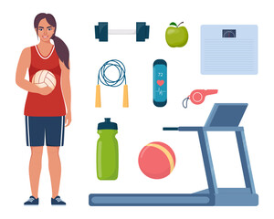 Woman dressed in sports clothes. Gym sport fitness exercise workout equipment set icons. Treadmill, dumbbells, fitness bracelet, ball, sneakers, jump rope, bottle, whistle, apple. Vector illustration.