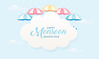Cute Pastel Color Scheme and Paper Cut Style Happy Monsoon Season Sale Banner Background