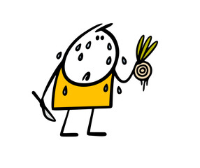 Stickman cook holds a fresh vegetable in his hand and cuts onions with a knife. Vector illustration of a man crying, tears streaming down his face, stinging in his eyes.