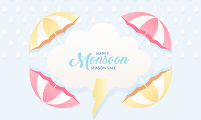 Cute Pastel Color Scheme and Paper Cut Style Happy Monsoon Season Sale Banner Background
