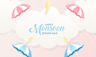 Fototapeta na wymiar Cute Pastel Color Scheme and Paper Cut Style Happy Monsoon Season Sale Banner Background