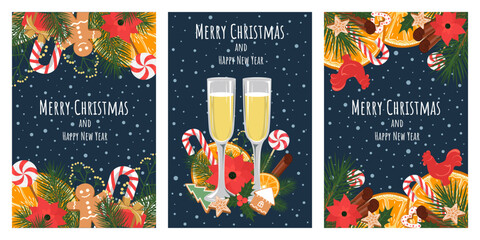 Set of greeting cards for Christmas and New Year. Design elements for flyer, banner, postcard.