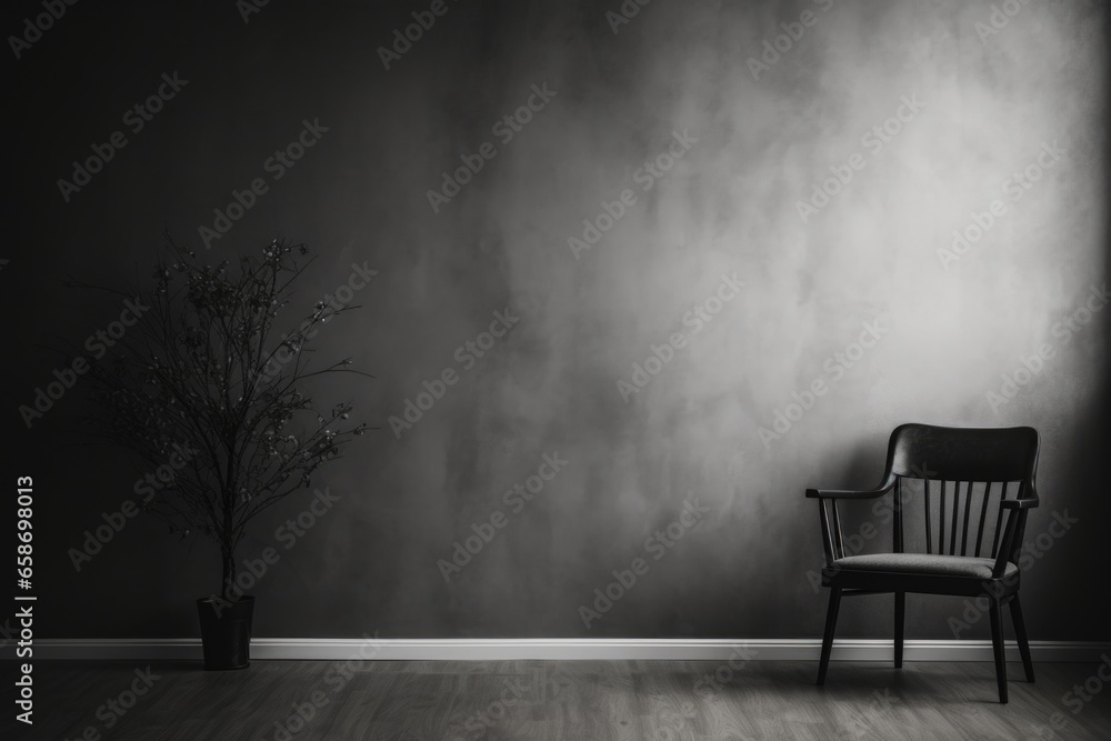 Poster A black and white photo featuring a chair and a plant. This versatile image can be used in various design projects.
