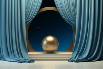 An vacant stand with gilded sphere and drapery set against a surreal blue backdrop. Imaginary stage setup. 3D rendered. Generative AI