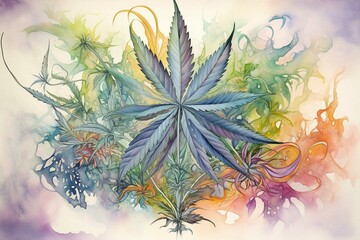 Stunning watercolor artwork depicting medicinal cannabis. A holistic remedy. Generative AI