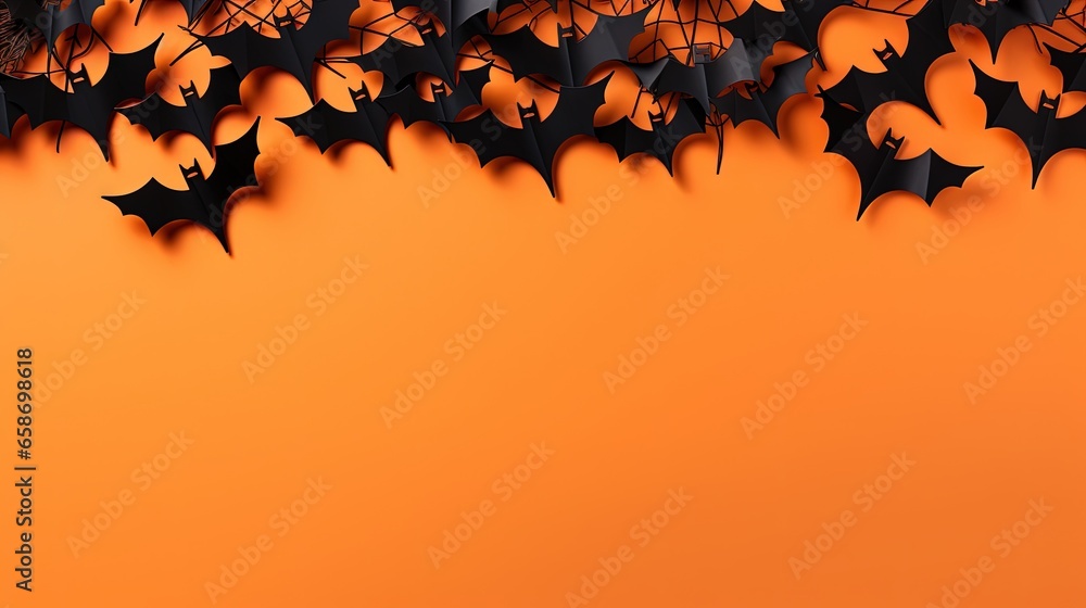 Poster halloween card featuring bats on orange background banner for celebrating or inviting top down view 