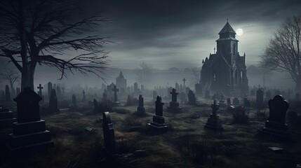 Eerie fog envelops ancient graveyard archaic mausoleums towering crosses ominous trees on grassy land - Powered by Adobe