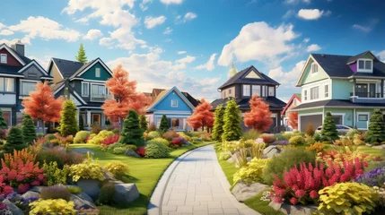 Foto op Plexiglas Colorful summer gardens complement beautiful new contemporary suburban houses in a Canadian neighborhood © vxnaghiyev