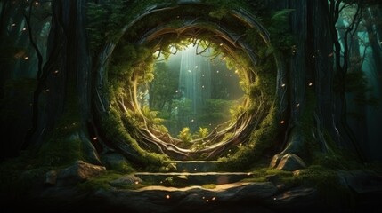 Enchanting forest teleport with a magical stone portal to other worlds and a mystical altar