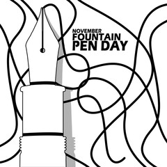 A fountain pen with scribbled lines and bold text on white background to celebrate Fountain Pen Day on November