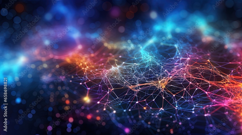 Fototapete Colorful background with bokeh effect depicting global AI and big data concept using a neural network 3D illustration