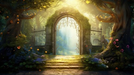 Enchanted landscape with magic road and sunlit entrance to a mysterious gate