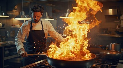 Chef using fire to cook in frying pan - obrazy, fototapety, plakaty