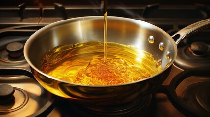 Hot used cooking oil in frying pan on stove
