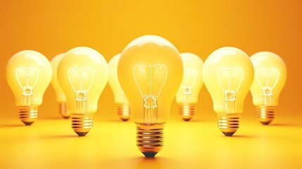 Creativeness and entrepreneurial leadership revolving around brainstorming innovative concepts and the yellow background with light bulb symbolism - obrazy, fototapety, plakaty
