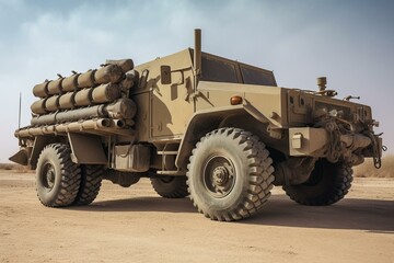 a military vehicle used for transporting and firing heavy artillery weaponry. Generative AI