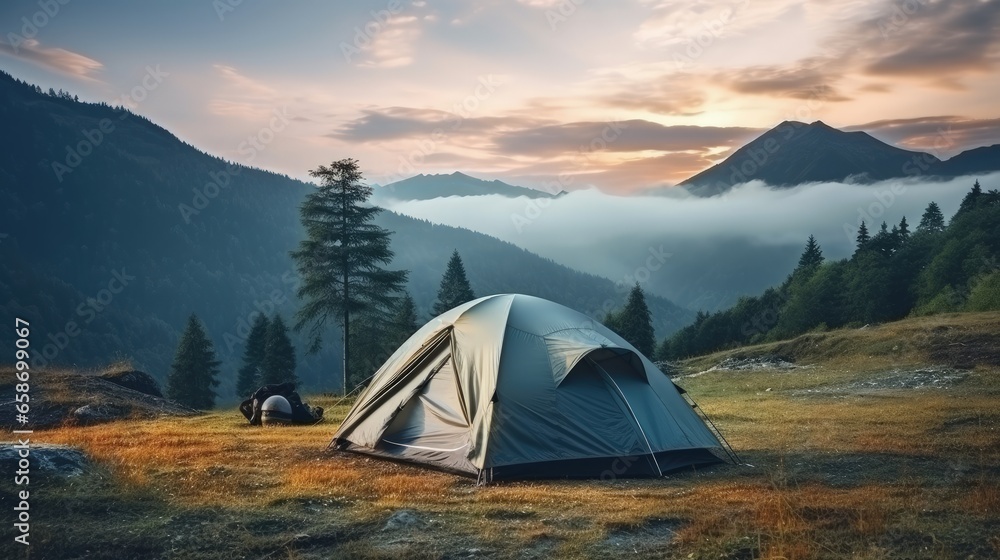 Aufkleber high quality photo of a gray tent against the forest and mountain backdrop in a campsite perfect for