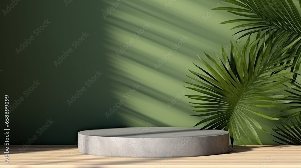 Poster 3D rendering of a minimalist wooden podium with a palm leaf shadow on a green concrete wall background