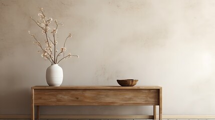 Minimalistic concept of wabi sabi living room with wooden console paper flowers nuts and copy space - obrazy, fototapety, plakaty