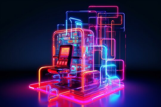 Abstract gambling concept image with wireframe slot machine and neon sign. Generative AI