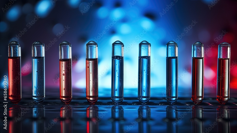 Aufkleber Close up macro photograph of a row of test tubes in a medical or science lab with a droplet being dropped into one against a blue and red background