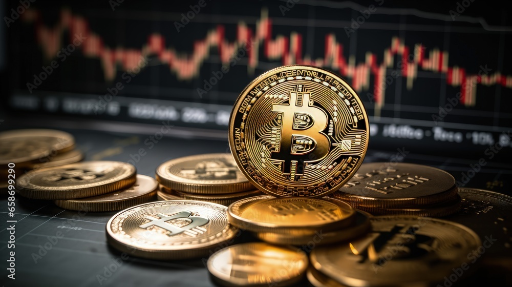 Poster chart displaying bitcoin quotes and a risk sign represents the business tech concept