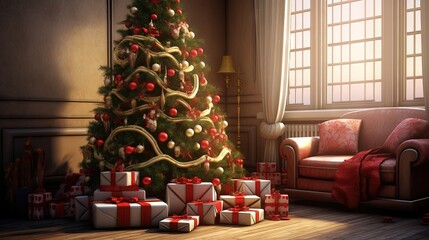 Decked living room with gifts beneath Christmas tree