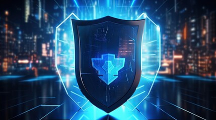 Digital shield rendered on abstract technology background for protection and security
