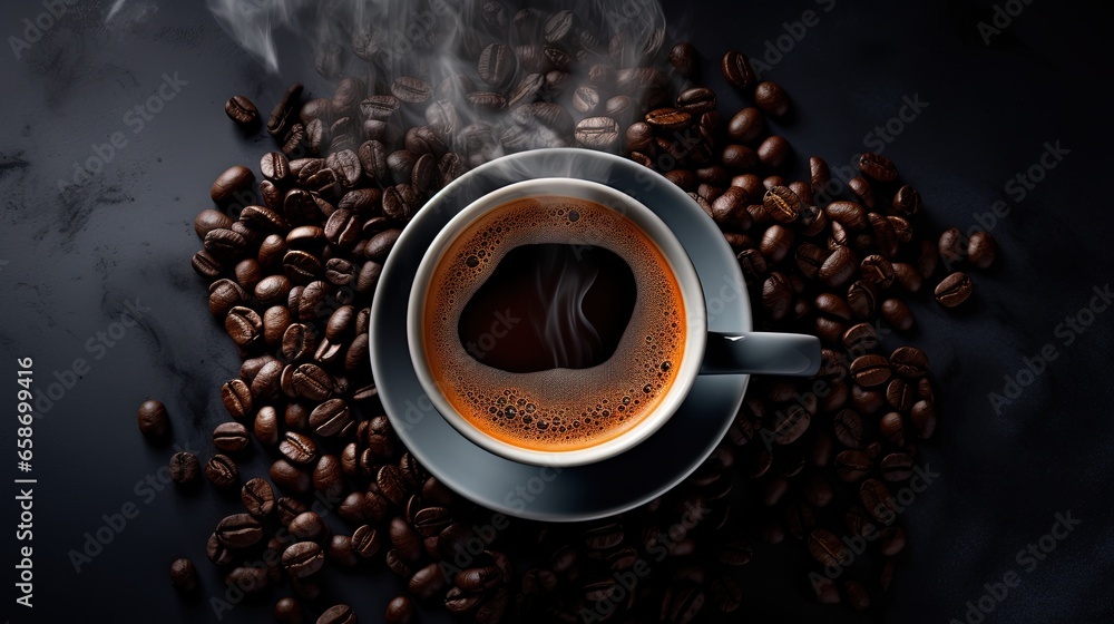 Poster delicious espresso in cup viewed from above against a dark backdrop