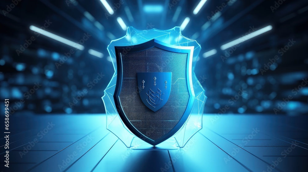 Poster digital shield rendered on abstract technology background for protection and security
