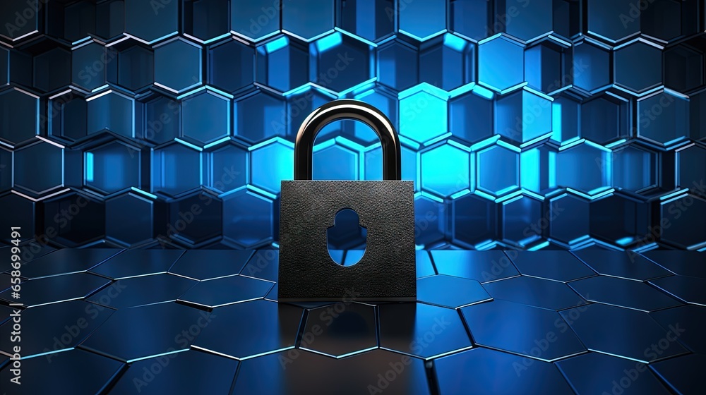 Poster 3D rendered hexagonal background with black and blue abstract padlock icon