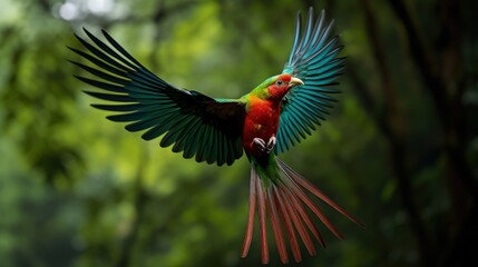 In Costa Rica s Savegre a dazzling bird the Resplendent Quetzal is seen in flight displaying its magnificent green and red plumage against a backdrop of lush greenery
