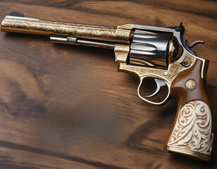 Golden revolver with ivory handles and engraved ornaments. generative ai