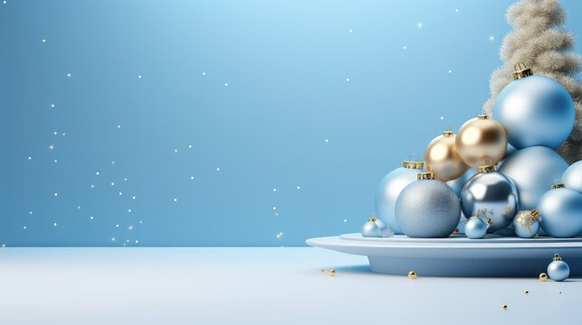 Christmas themed 3D background featuring various ornaments and a round white podium for showcasing products