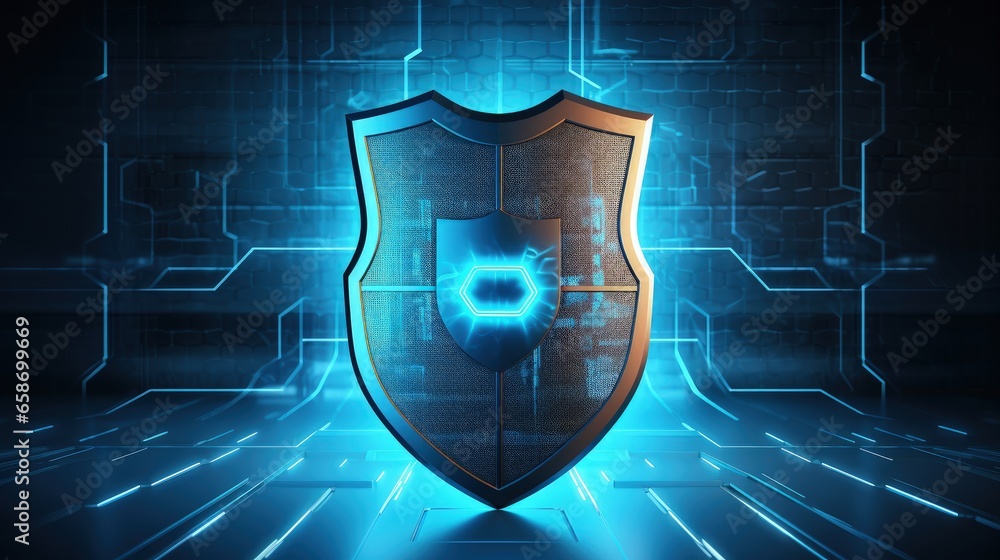 Poster Digital shield rendered on abstract technology background for protection and security