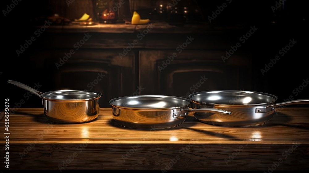 Aufkleber gleaming cookware on table against dark backdrop