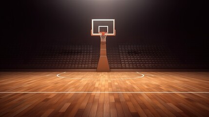 Basketball court side view mockup with hoop tribune and wood parquet surface for teamwork