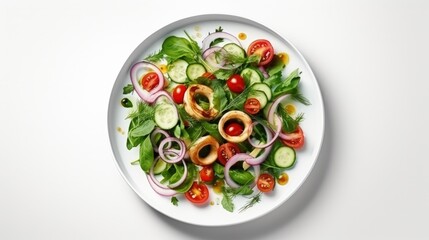 Calamari salad with veggies and eggs on white background with leaf shadows Summer menu