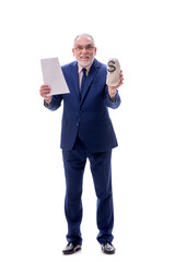 Old businessman in remuneration concept isolated on white