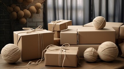 Craft paper boxes wrapped with hemp cord and included a ball of threads during packaging