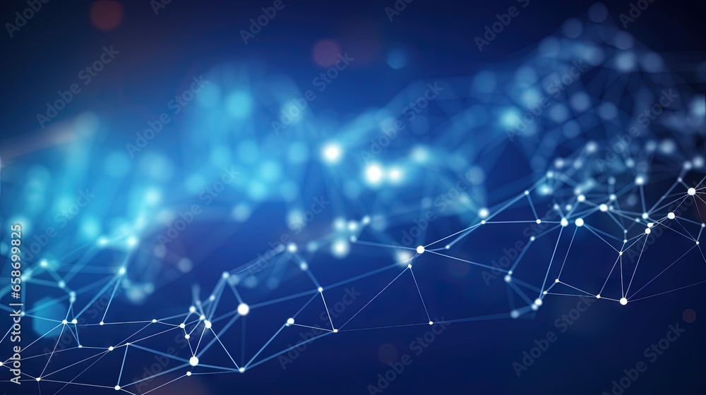 Poster abstract technology network with connected line dots on blue polygon background