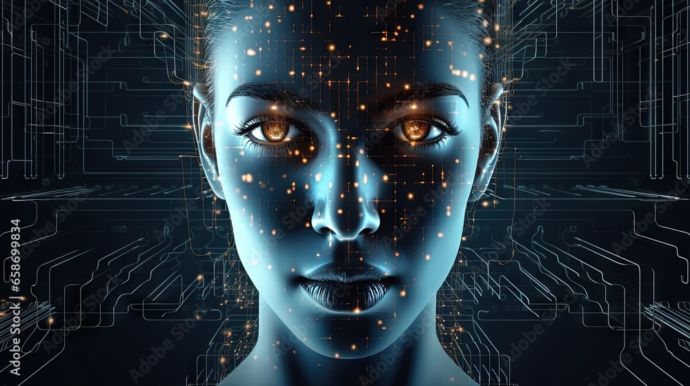 Poster ai generated 3d human face illustrating big data or cyber security concept