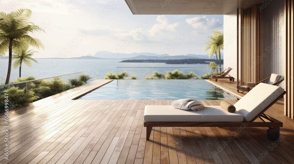 Aufkleber modern building with sea view 3d rendering of a swimming pool terrace with wooden floors and rattan 