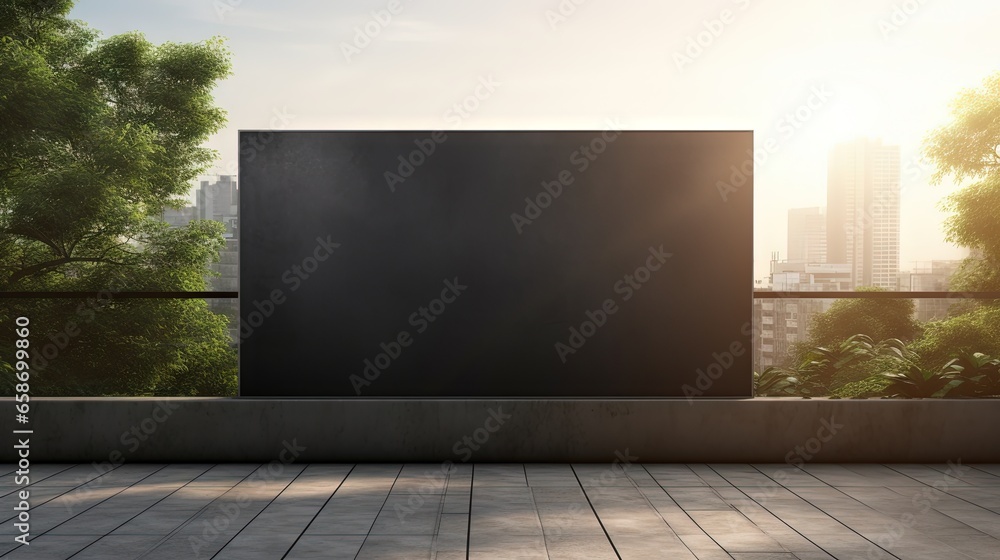 Poster empty black poster on concrete building with trees and sunlight in the background mock up