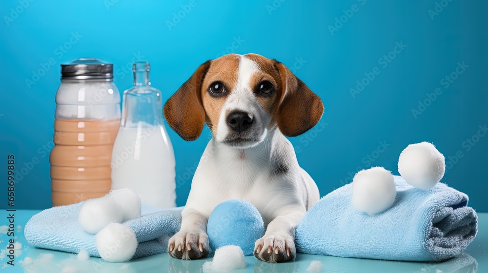 Poster Clean beagle in a towel with bubbles on a blue background with grooming products