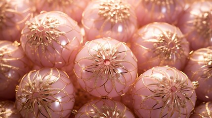 New Year's Christmas balls, delicate gold and pink decorations for the Christmas tree. Pastel background.