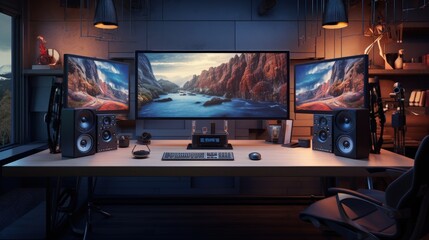 Ideal setup for videographer and video editor at home Spacious desk with big screens Rendered image