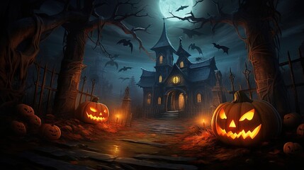 Fototapeta na wymiar Eerie house adorned with pumpkins on Halloween